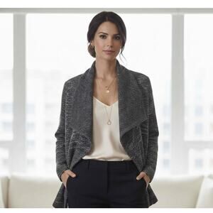 BNCI Blanc Noir Draped Waterfall Cardigan Size L Gray Speckled Knit Open Front L